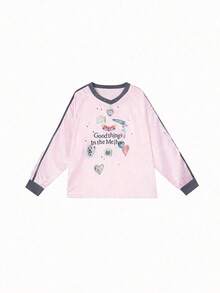 印花短袖T恤女款，趣味图案印花运动V领长袖T恤T恤 - 粉色 - 查看 4