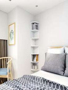 رف حائطي مثبت على الحائط، رف منزلي مثلث إبداعي، رف كتب حائطي نصف دائري مكون من 5 طبقات (بدون شريط إضاءة LED)، رف زاوية بطراز ريفي - رف تخزين حائطي مصنوع من البلاستيك بلون أبيض وحبيبات خشبية، وحدة زاوية منحنية توفر المساحة، مناسب للغرفة المعيشية والنوم والمطبخ - سهل التركيب، رف كتب/سلم قوي (أبيض كريمي)