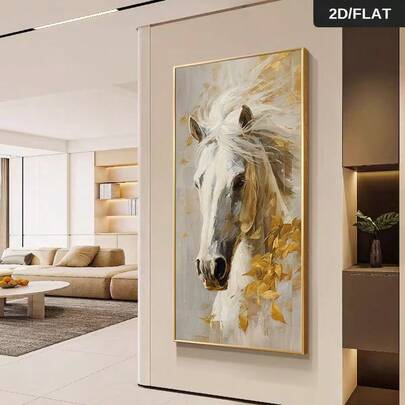一幅无框现代抽象白马壁画，饰以金色树叶，是客厅和卧室极简主义装饰的完美之选，马术主题墙饰，奢华家居装饰，2D平面设计