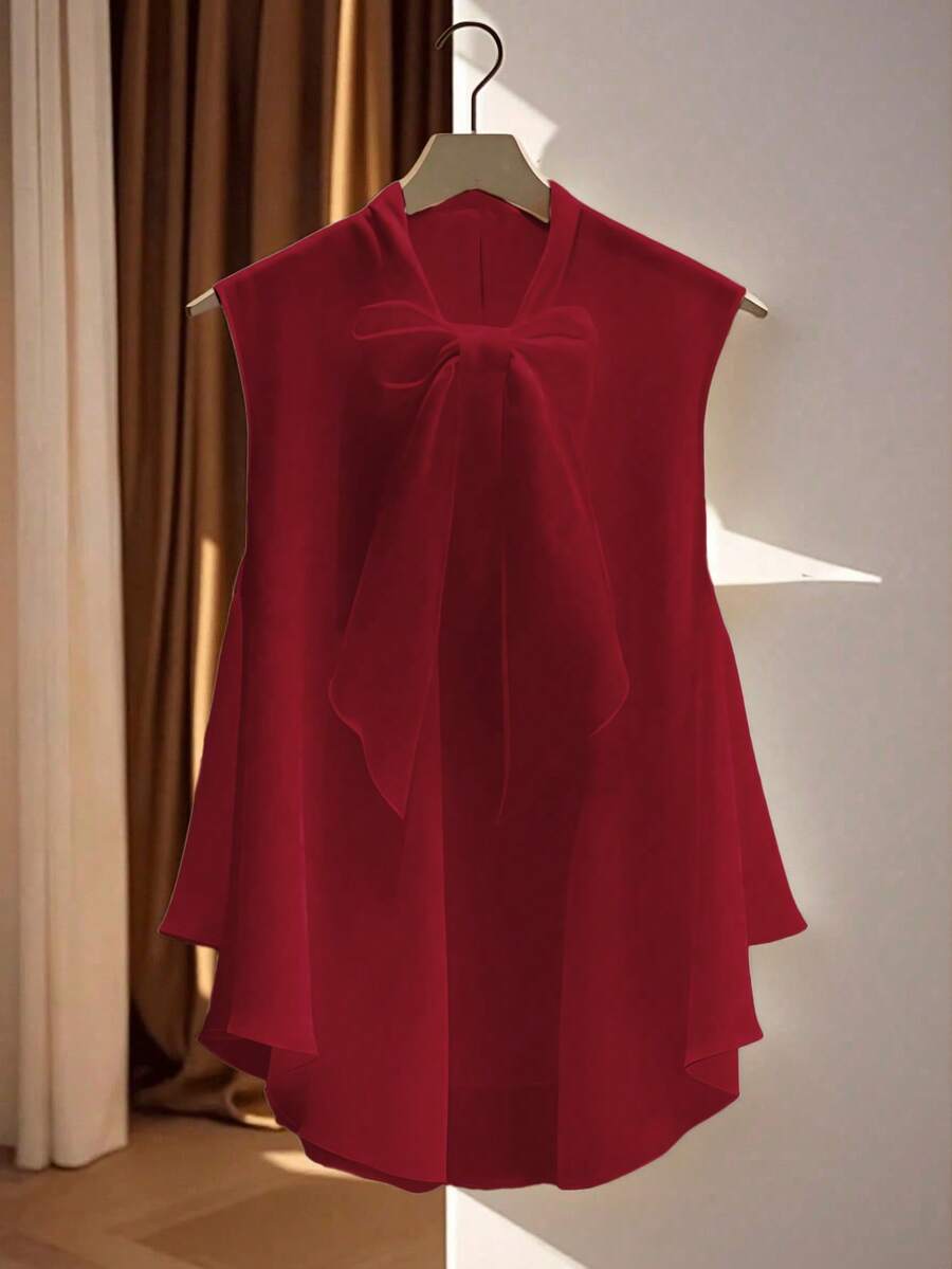 Áo không tay màu trơn cỡ lớn dành cho nữ, cổ áo trước ngắn sau dài, có nơ, thời trang mùa hè thanh lịch và đa năng, hàng mới về - Đỏ - Xem 1