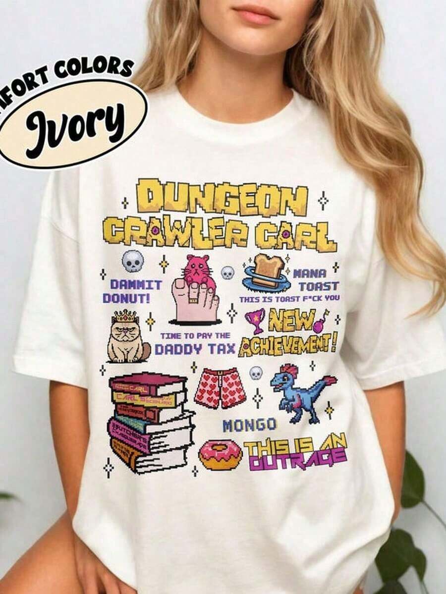 Dungeon New Achievement Shirt , Crawler Carl T Shirt, Princess Donut & Mongo Tee, Bookish Graphic Sci-Fi Reader Gift. 220G Pure Cotton T-Shirt - Perfect For Outdoor SporT. S, Travel, And Everyday Wear, A Thoughtful Gift For That Special Meonetops WoM. In Fall Outfit. S For WoM. In VaC.. Ation OutfiT. S WoM. At Halloween Costume - 白色 - 查看 1