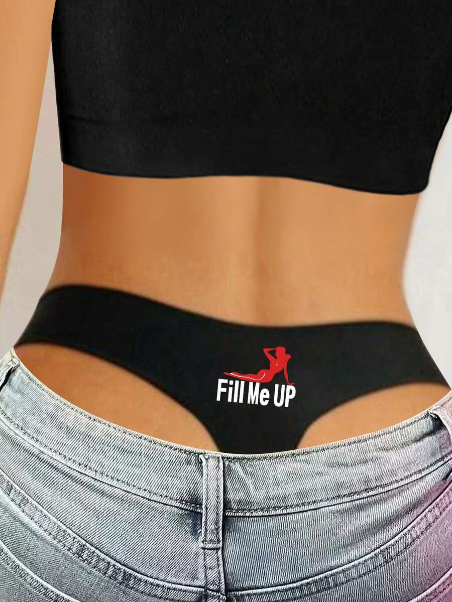 女士性感柔软舒适印花丁字裤，日常内衣，黑色 - 黑色 - 查看 1