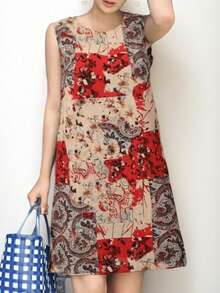 Women's Summer Patchwork Print Round Neck Sleeveless Dress - Multicolor - View 1