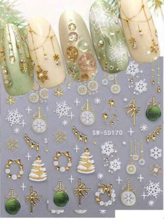 5D Embossed Festival Nail Stickers Holiday Designs Snowflake Tree Crystal Ball Pendant Nails Art Decals Self Adhesive Manicure Stickers DIY Festival Nail Decoration Gift For Women Girl
