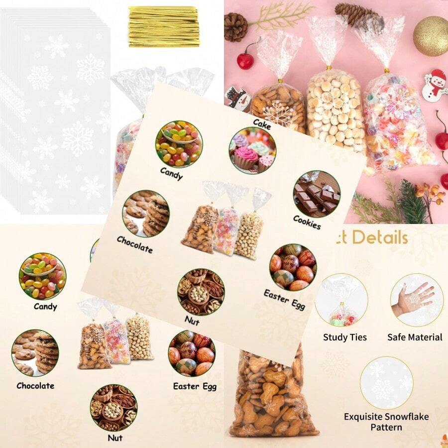 Snowflake Christmas Treat Bags 100PCS Winter Xmas Cellophane Bag Plastic Cello Xmas Clear Frozen Cookie Candy Snack Goodie Gift Bag With Twist Ties For Christmas Winter Holiday Party Favors Supplies - 雪花100個 - 查看 1