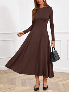 Women Fall Dresses Boat Neck Long Sleeve High Waist A-Line Flowy Knit Party Maxi Dress Spring Autumn Evening Formal Wedding Party Valentine Long Dress Outfits - 深棕色 - 查看 2