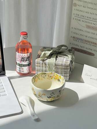 1 pieza Tazón de cerámica con diseño floral, estilo Ins, vajilla de alta calidad, tazón de arroz de uso personal, tazón de postre, ideal para regalos, vuelta al colegio