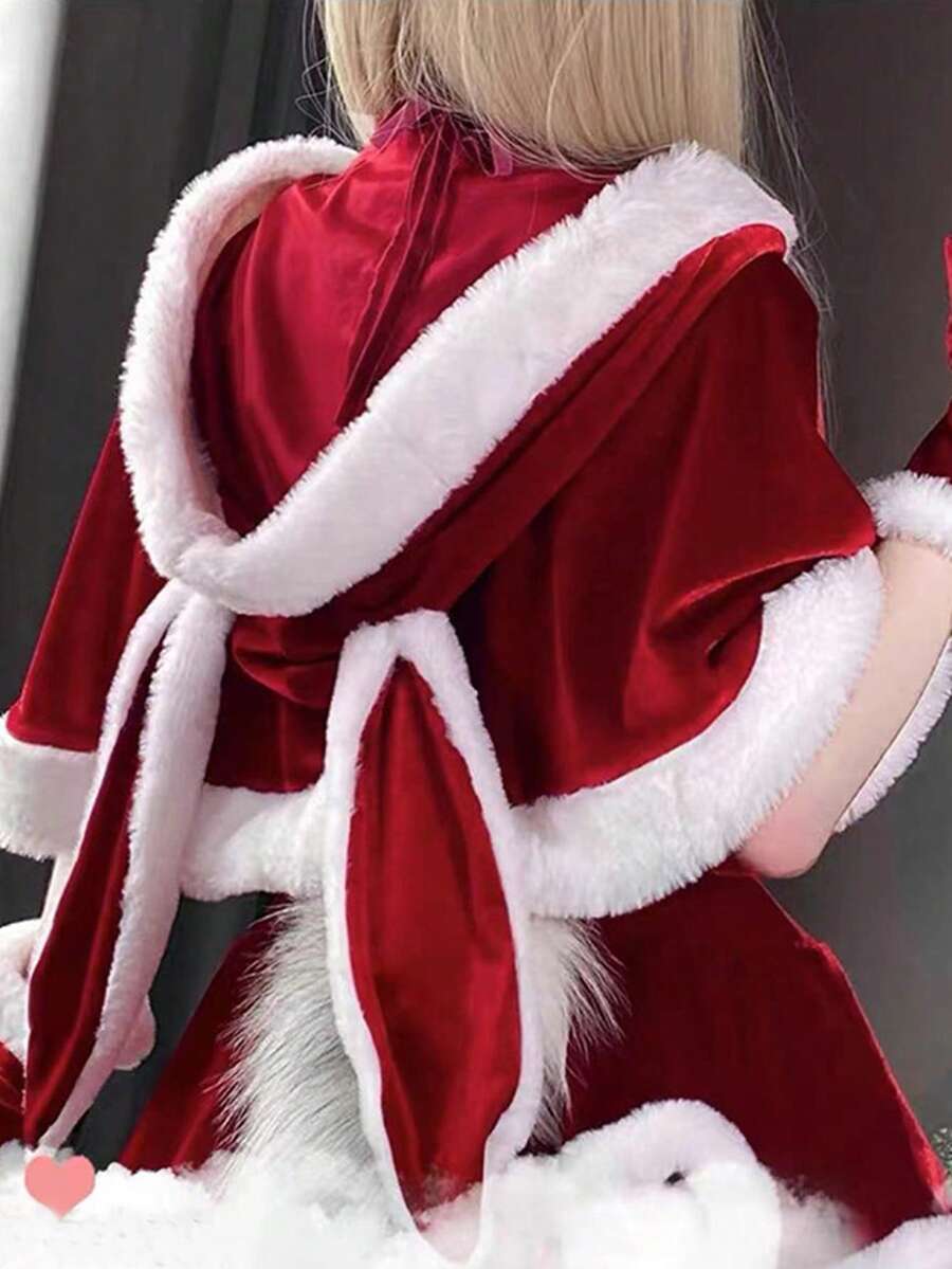 Gold Velvet Bunny Ear Christmas Shawl, Christmas Costume Party Hooded Cape, European & American Style Red Hooded Cloak, Cosplay Party Performance Prop, Essential Gift For Christmas & New Year Family - Multicolor - View 1