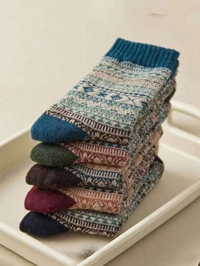 5双复古中筒袜，舒适美利奴羊毛，随机搭配（5/3/1双），圣诞节/感恩节/新年礼物