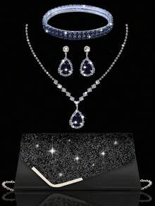 Glamorous,Exquisite,Quiet Luxury Women's Elegant Sparkling Decoration Evening Clutch Bag With Diamond Chain Strap And Bracelet, Necklace, Earrings Set For Party Sequins Flap Clutch Bag Buckle Evening Event Party Bag Metal Chain Crossbody Bag For Party Girl,Woman,Bride Perfect For Party,Wedding,Prom,Dinner/Banquet. The Best New Year & Valentines' Gift Set. - Black - View 10