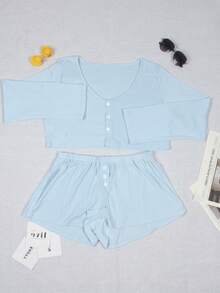 Two-Piece French Style Large U-Neck Simple Solid Color Fashionable Casual Long Sleeve Shorts Women's Pajamas Set Can Be Used At Home - Màu xanh nhạt - Xem 7