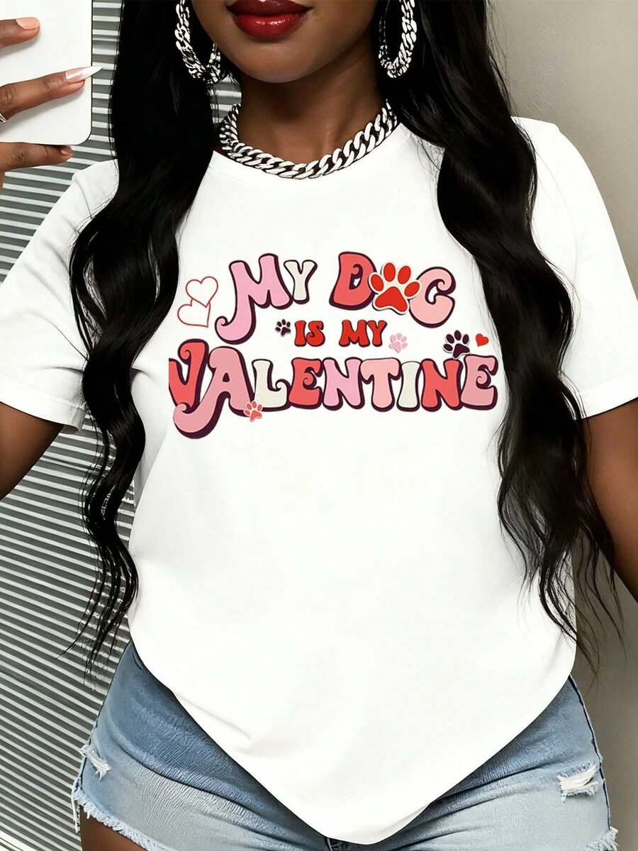 Women Valentine My Dog Is My Valentine Printed T Shirt Round Neck Cotton Casual Top For Everyday Wear And Pet Lovers - 白色 - 查看 1