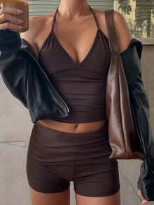 GAOVOT 2pcs Women Sexy Sports Casual Running Fitness V-Neck Top And Tight Shorts Set - Brown - View 6