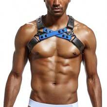 Punk Leather Tactical Shoulder Straps, Adjustable Sexy Harness Straps For Men, Bondage Tight-Fitting Criss-Cross Studded Suspenders, Suitable For Thanksgiving, Valentine's Day, Christmas Costume Play, Multi-Scene Use - Black+Blue - View 7