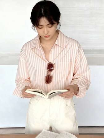 女士加大码撞色条纹长袖衬衫