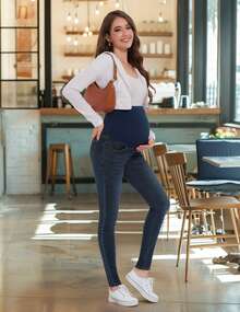 Women's Maternity Jeans Over Belly Skinny Stretchy Denim Pants Comfy Slim Pregnancy Pants - Màu xanh cổ điển - Xem 5