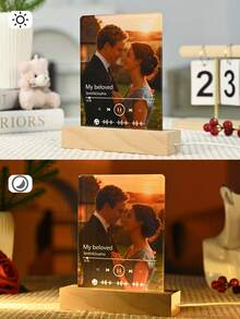 1个定制情侣拼贴照片LED夜灯，个性化亚克力照片文字夜灯，定制照片灯，个性化照片拼贴LED灯，情侣相框，个性化照片拼贴礼物，适合母亲节、生日、儿童节、父亲节、毕业典礼、婚礼、乔迁之喜等场合，可用于客厅、卧室、办公室、茶室、家居、浴室、餐厅、情人节等场合，也可作为情人节装饰。 - 小長方立-全螢幕一張照片音樂 - 查看 5