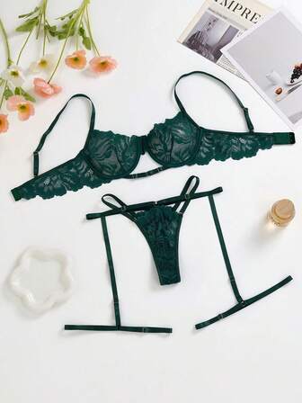 Conjunto de ropa interior sexy de encaje para mujer, sujetador sin aros y sin relleno y pantys, 4 piezas