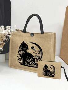 Tote Bag, Casual Handbags, Shopping Work Bag,Shoulder Bags, Handbags, Large Capacity Shopping Bag ,Hook,With A Black Cat,Large Spacious,Comfortable To Carry,Reusable,Office, Business Trip, Dating, Weekend, Gift, Birthday, Anniversary, Graduation, College, Beach, Valentine's Day, Christmas, New Year's Gifts