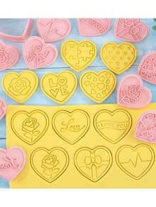 10 pièces Ensemble de découpoirs à biscuits en forme de cœur - Moules à biscuits 3D gaufrés pour la fête des mères, la fête des pères, la Saint-Valentin, Noël, Halloween, Thanksgiving - Outils de cuisson en polypropylène pour gâteaux, fondants - Cadeau de mariage idéal, kit de confection de biscuits de fête | Ensemble de découpoirs à biscuits décoratifs | Designs de découpoirs à biscuits détaillés, fête de la Saint-Valentin, décoration de la maison, cadeaux de la maison - Rose bonbon - Voir 7
