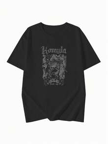 女士新款字母骷髅印花圆领宽松休闲百搭 T 恤，夏季 - 黑色 - 查看 5