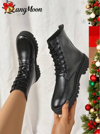 2025秋冬新品热卖黑色优质皮革质感系带纯色时尚！厚底舒适休闲百搭粗跟女靴，优雅简约可爱性感校园风通勤，女式学院优雅性感厚底靴休闲鞋，适合日常穿着，大学派对，聚会，夜店，适合万圣节，圣诞节，购物