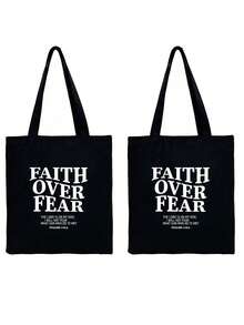 1pc Large Capacity Canvas Bible Tote Bag, "Faith Over Fear" Letter Print Shoulder Bag, Women's Casual Handbag, Multifunctional Shopping Bag, Daily Gift - Black - View 9