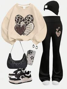 2pcs Set Girls Heart - Element Set, Comfortable Fabric, Spring & Autumn Street Activity & Daily Style - Apricot - View 2