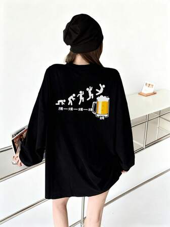 女式休闲宽松棉质卡通日本啤酒印花圆领长袖 T 恤，时尚百搭，春秋季