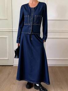 Livesso Women's Denim Jacket With Puff Sleeves And Denim Skirt 2 Pieces Set - Medium Wash - View 3