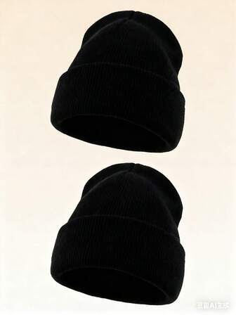 2 piezas Gorros de punto de unicolor cálidos unisex para uso diario