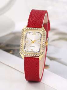 1 pieza Reloj de mujer minimalista con esfera rectangular de números romanos, correa de bambú, adecuado para combinar a diario, regalo de cumpleaños, aniversario, promoción de fin de año, Día del Soltero, promoción de Halloween y otros regalos festivos - Rojo - Ver 5