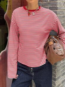Casual Commute Daily Drop Shoulder Loose Striped Top - Red and White - View 11