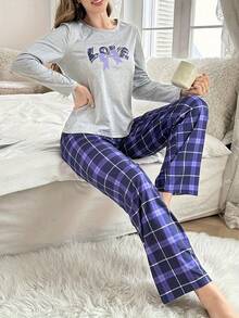 灰色字母印花长袖长裤睡衣套装（女士款） - 灰色 - 查看 2