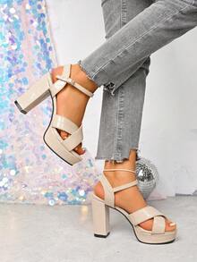 Giày cao gót đế cao màu be thời trang mới thoải mái kết cấu đá PU quai chéo cho nữ, mũi tròn hở mắt cá chân, thiết kế quai ngang mắt cá chân, giày cao gót đế dày gợi cảm thời trang đa năng cho tiệc khiêu vũ ngoài trời mùa hè - Màu be - Xem 5