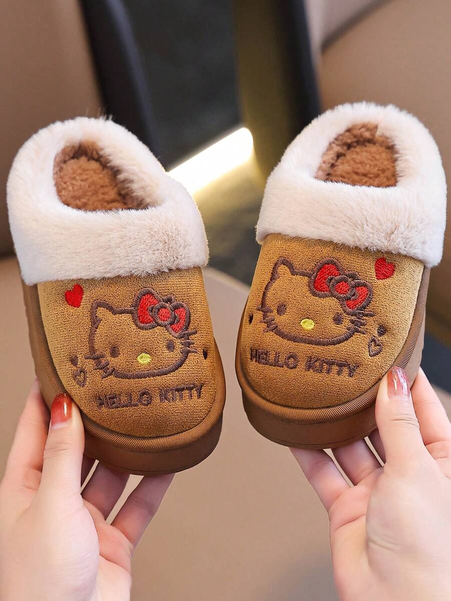 Hello Kitty Kids Girls' Fashion Warm Plush KT Cat Slippers, Comfortable Fluffy House Slippers For Autumn/Winter - Khaki - View 1
