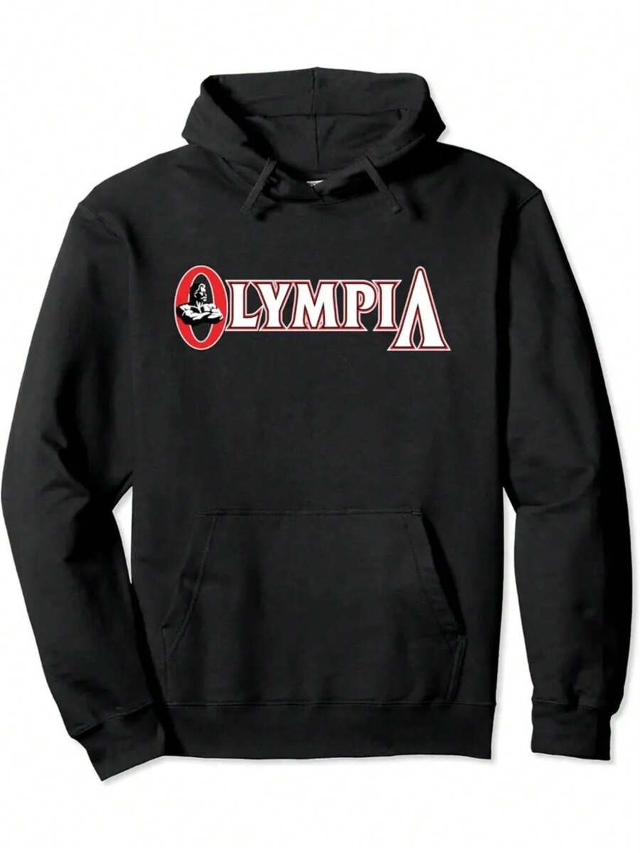 Men's Mr. Olympia Gym Hooded Sweatshirt - Bodybuilding-Inspired Olympia Logo Print, Ultra-Soft Breathable Cotton, All-Season Casual Streetwear, Regular Fit Long Sleeve Pullover For Fitness & Casual Attire (Ideal For Bodybuilding Fans & Olympia-Themed Apparel) - màu đen - Xem 1