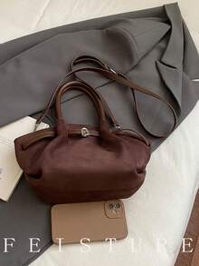 1pc Suede Fabric Small Dumpling Handbag, Strap Decor Shoulder Crossbody Bag, Suitable For Daily Outing, Dating, Commuting - Coffee - View 9