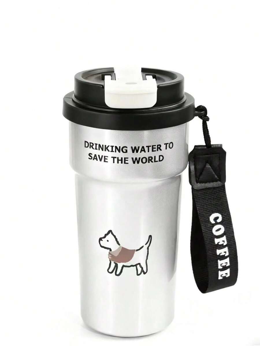 可爱猫狗图案不锈钢保温杯，带吸管，保温12小时，适合办公室、户外、运动等场合。 - 黑色 - 查看 1