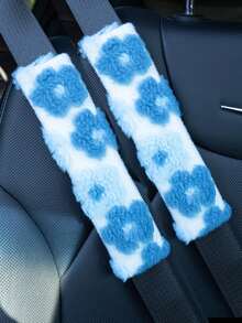 3pcs/2pcs/1pc Car Interior Accessory Set, Floral Plush Steering Wheel Cover And Seatbelt Shoulder Pads, Non-Slip, Warm, Cute, Personalized, Suitable For All Seasons