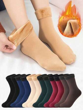 4 Pairs Winter Warm Thermal Lined Snow Socks Fashionable Thick Soft Comfortable Outdoor Cold Proof Solid Color Casual Socks For Women's Men's