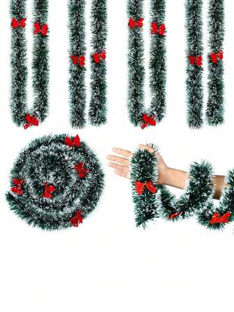 1pc 2m Christmas Garlands, Dark Green Frost Tip Metal Garlands With Red Bows For Christmas Trees And Indoor And Outdoor Decorations, Perfect For Holiday, Wedding And Party Decorations, Home Decorations, Room Decorations