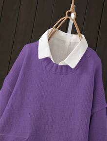 Fall/Winter Side Single Pocket Long-Sleeved Crewneck Pullover Sweater - 紫色 - 查看 2