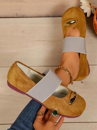 Women's Brown Suede Flats With Gray Elastic Strap & Gold Metal Accent, Round Toe Comfortable Slip-On Casual Shoes, Fashionable Daily Wear Footwear For Women