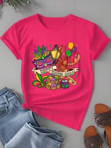 Happy Mardi Gras Festival T Shirt With Mask Crab Balloons And King Cake Design For Women And Men Casual Wear Party Outfit - Hồng - Xem 2