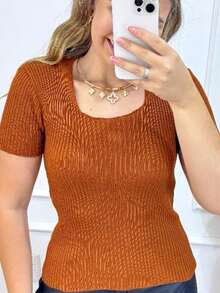 Women's Basic Ribbed Knit Short Sleeve Casual Square Neck Blouse - Adobe - 查看 4