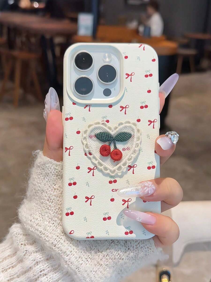 1 Stück 3D bestickter Kirsch-Apfel Design Handyhülle kompatibel mit iPhone 16 Pro Max, Koreanischer Stil bestickter Kirsch-Apfel Handyhülle kompatibel mit iPhone 15/14 Pro Max/11/13, Silikon Leder Textur hochwertiges Frauen Handyhülle - Verschiedenfarbig - Übersicht 1