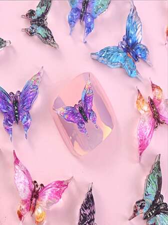 48/88件蝴蝶美甲饰品，蝴蝶美甲水钻，春夏蝴蝶树脂美甲宝石饰品，3D混合彩色蝴蝶美甲用品，女士女孩美甲装饰