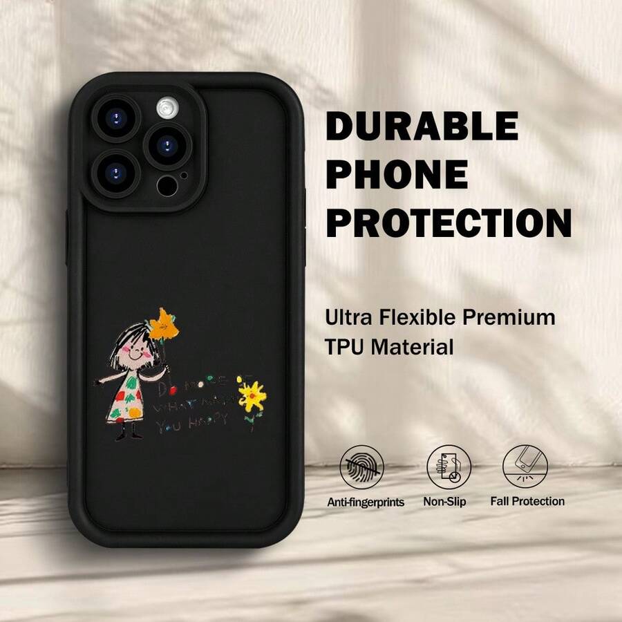 Funda para teléfono con diseño de niña de dibujos animados y flores, compatible con modelos de 16 a 7, incluyendo las versiones Plus y Pro. Un regalo perfecto para sus seres queridos. - Negro - View 1
