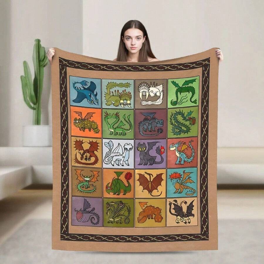 HTTYD Dragon Pattern Stylized Blanket Warm Plush Throw Blanket For Couch Chair Travel Office Flannel Bedspread Bed Cover.Jpg - trắng - Xem 1